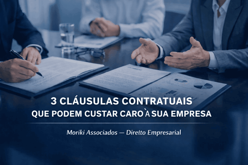 Mesa de reunião corporativa com documentos contratuais abertos e executivos em negociação